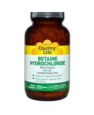 Betaine Hydrochloride with Pepsin 600 mg (250 Tablets) - Country Life